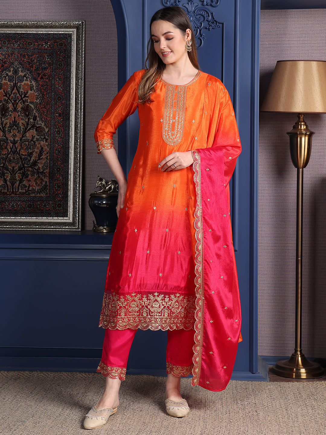 Embroidered Two Toned Kurta With Pant & Embroidered Dupatta, Orange - Hiral Fashion | Grocsy