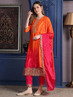 Embroidered Two Toned Kurta With Pant & Embroidered Dupatta, Orange - Hiral Fashion | Grocsy