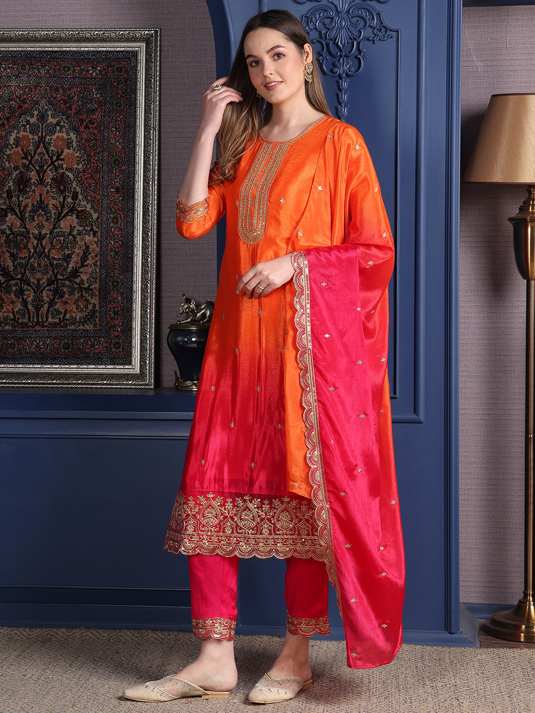 Embroidered Two Toned Kurta With Pant & Embroidered Dupatta, Orange - Hiral Fashion | Grocsy