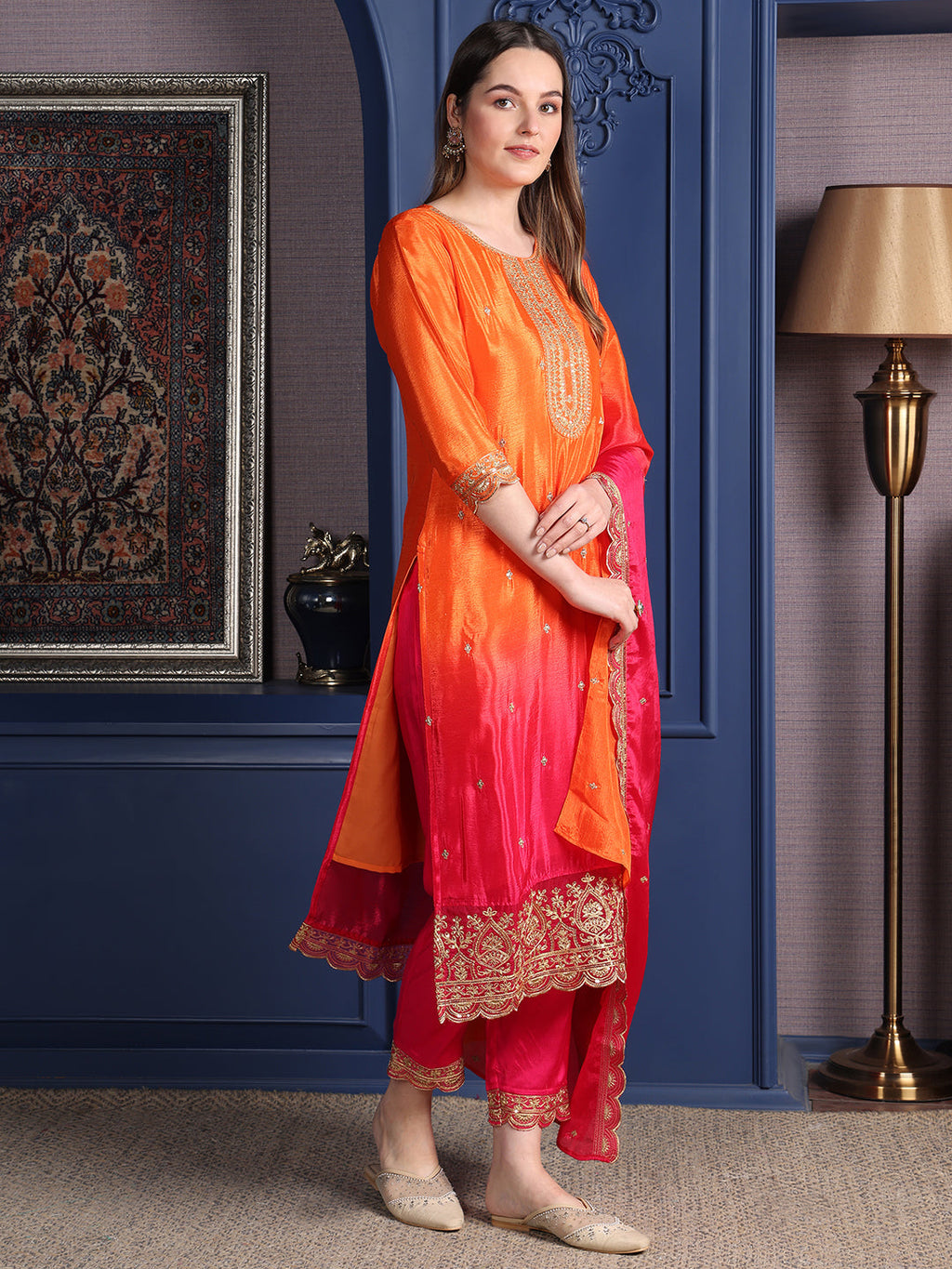 Embroidered Two Toned Kurta With Pant & Embroidered Dupatta, Orange - Hiral Fashion | Grocsy