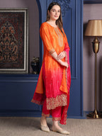 Embroidered Two Toned Kurta With Pant & Embroidered Dupatta, Orange - Hiral Fashion | Grocsy