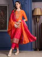 Embroidered Two Toned Kurta With Pant & Embroidered Dupatta, Orange - Hiral Fashion | Grocsy