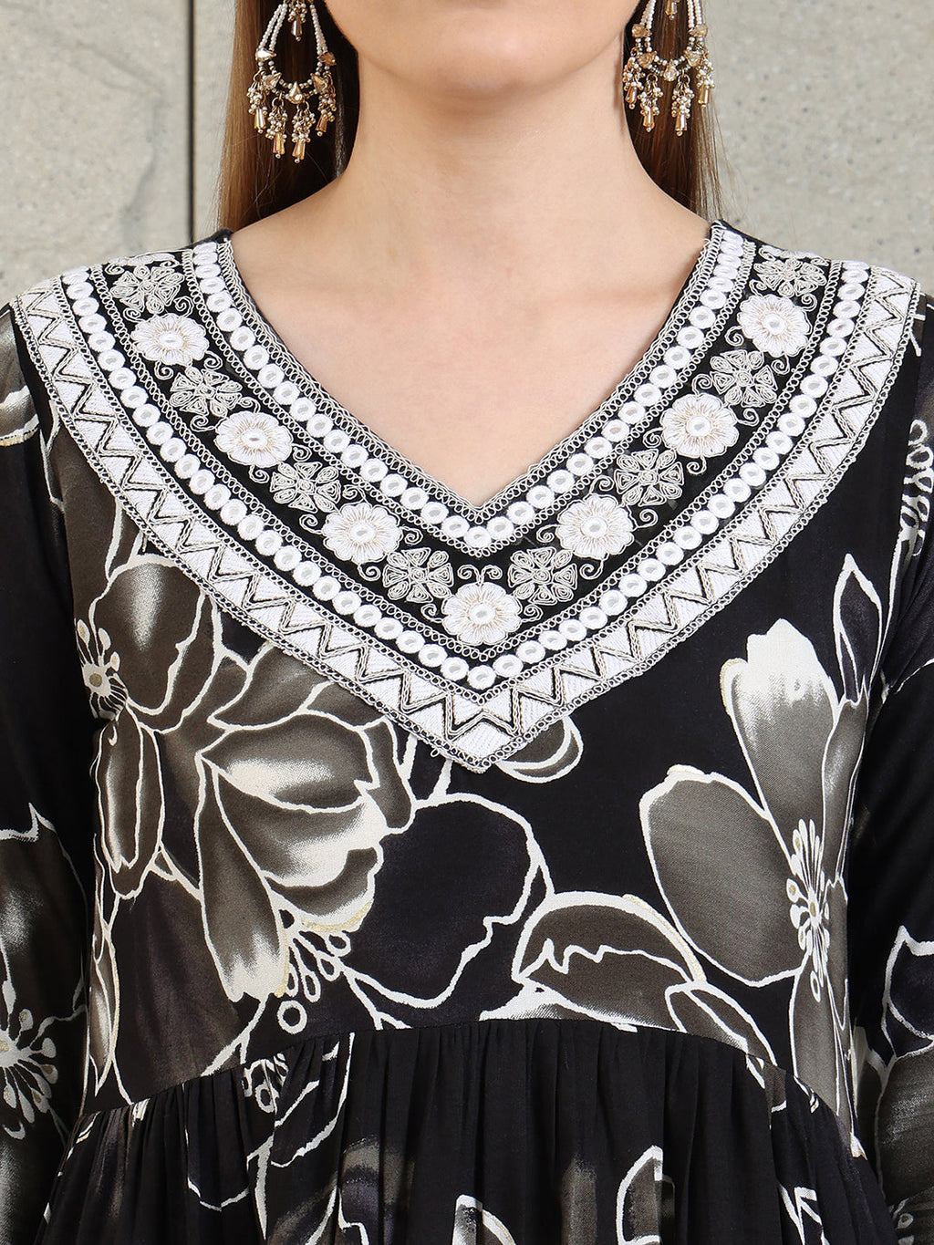 Embroidered & Floral Printed Flared A-Line Kurta With Pant & Dupatta, Black - Hiral Fashion | Grocsy