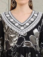 Embroidered & Floral Printed Flared A-Line Kurta With Pant & Dupatta, Black - Hiral Fashion | Grocsy