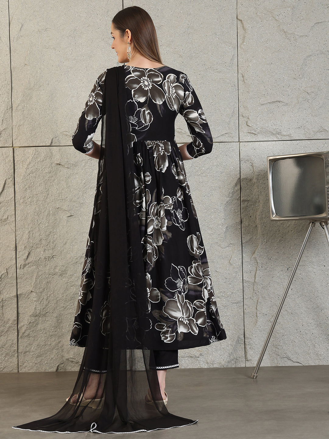 Embroidered & Floral Printed Flared A-Line Kurta With Pant & Dupatta, Black - Hiral Fashion | Grocsy