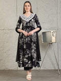 Embroidered & Floral Printed Flared A-Line Kurta With Pant & Dupatta, Black - Hiral Fashion | Grocsy