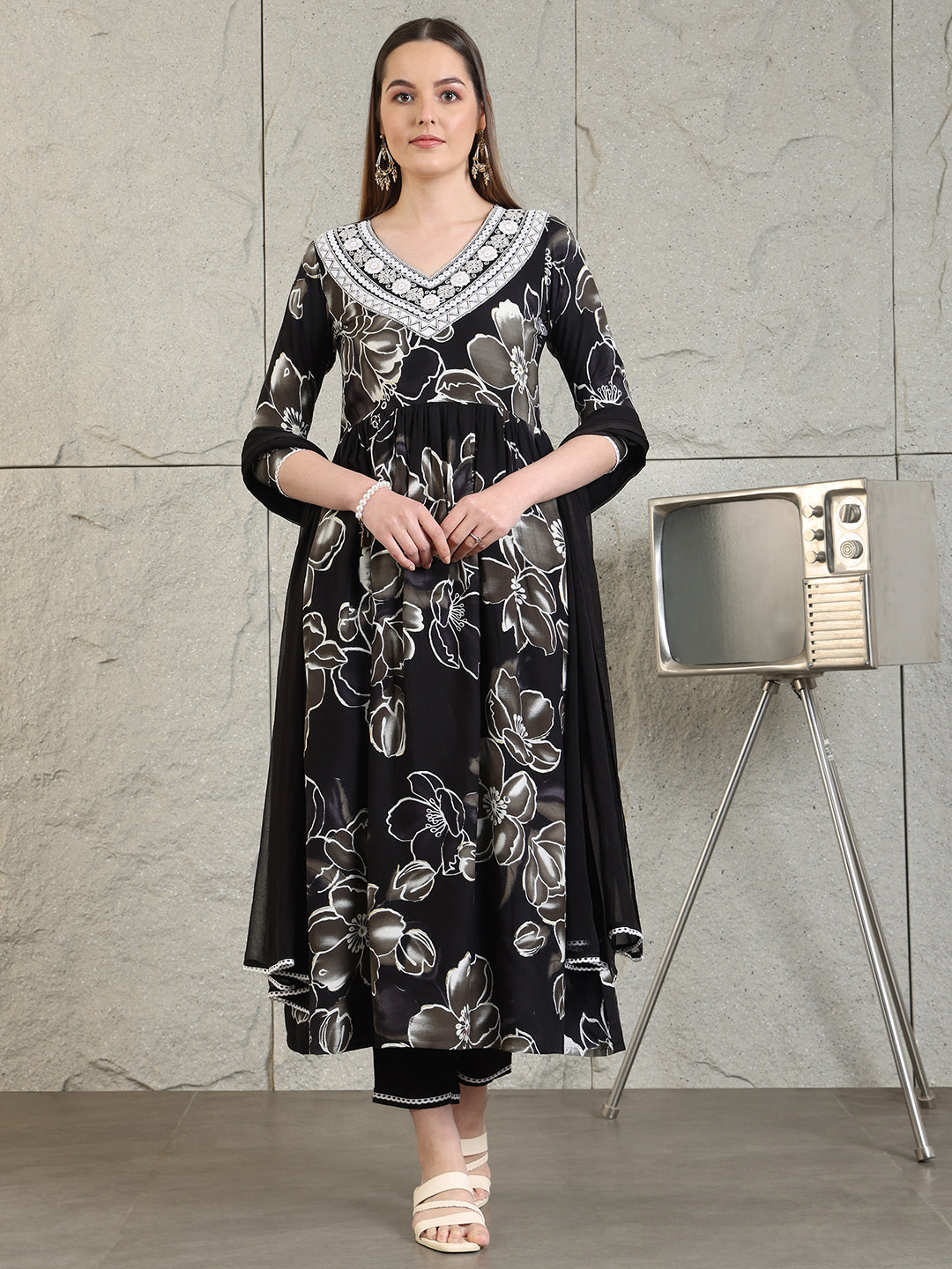Embroidered & Floral Printed Flared A-Line Kurta With Pant & Dupatta, Black - Hiral Fashion | Grocsy