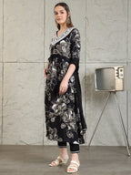 Embroidered & Floral Printed Flared A-Line Kurta With Pant & Dupatta, Black - Hiral Fashion | Grocsy