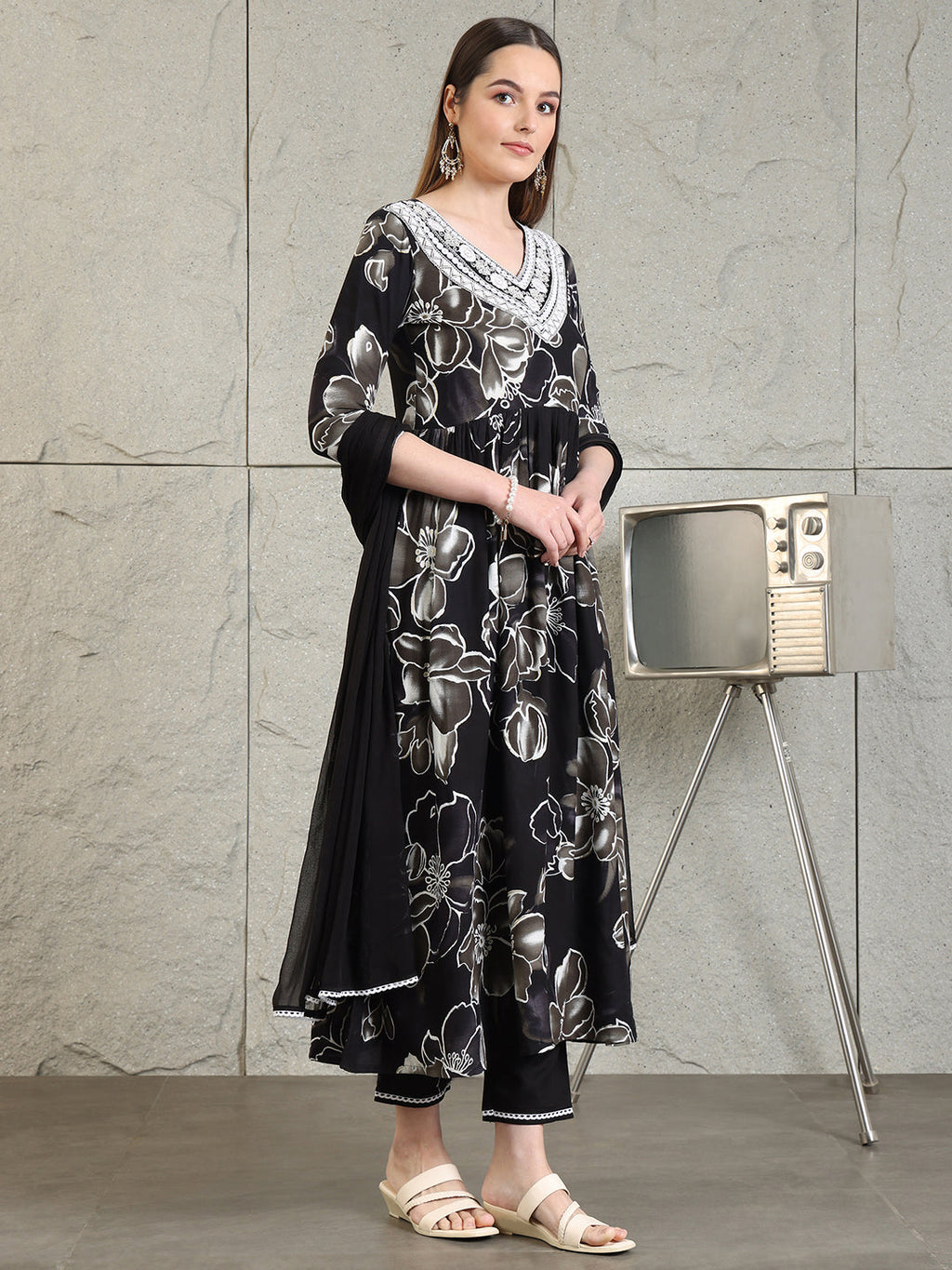 Embroidered & Floral Printed Flared A-Line Kurta With Pant & Dupatta, Black - Hiral Fashion | Grocsy