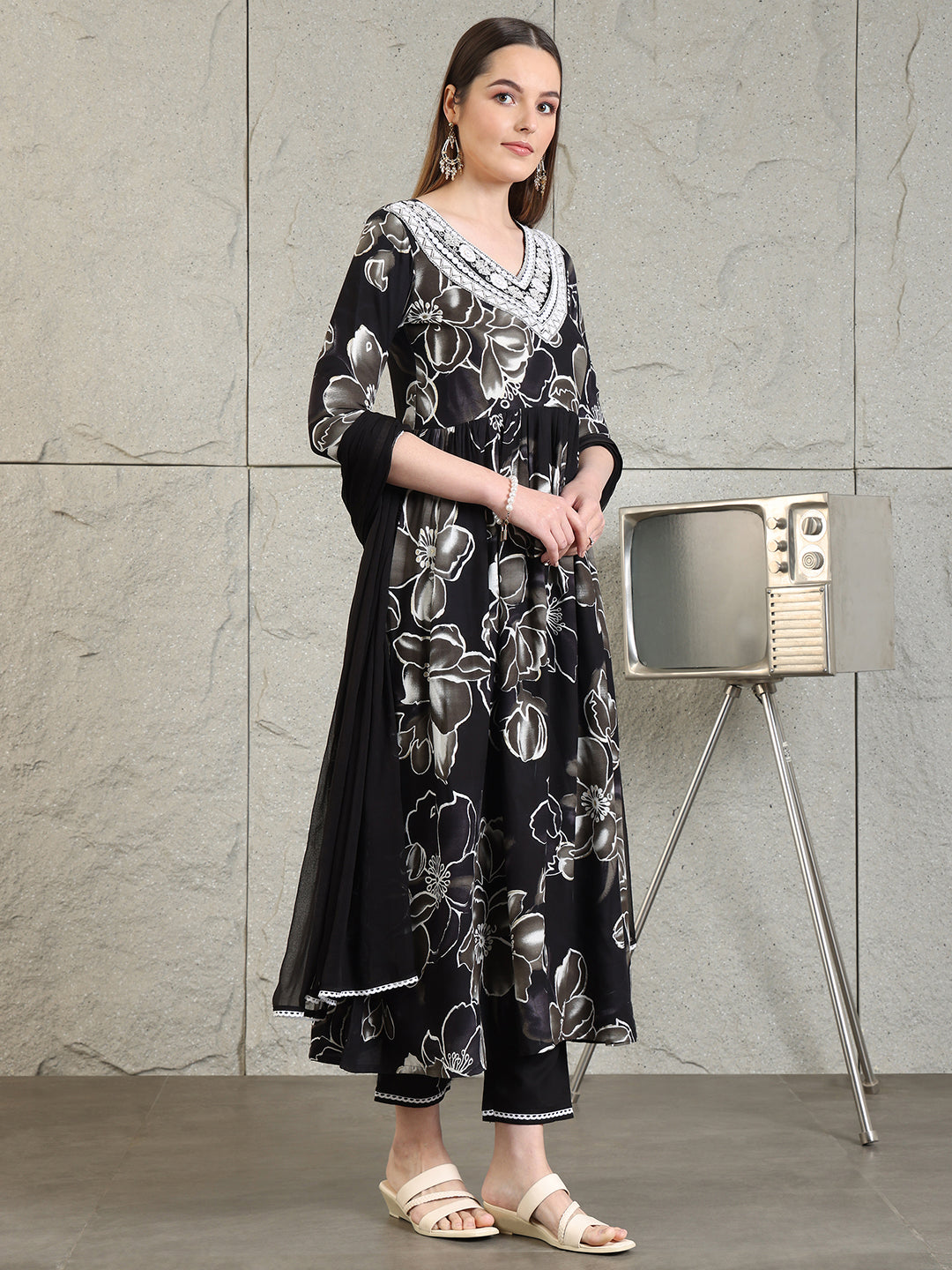 Embroidered & Floral Printed Flared A-Line Kurta With Pant & Dupatta, Black - Hiral Fashion | Grocsy