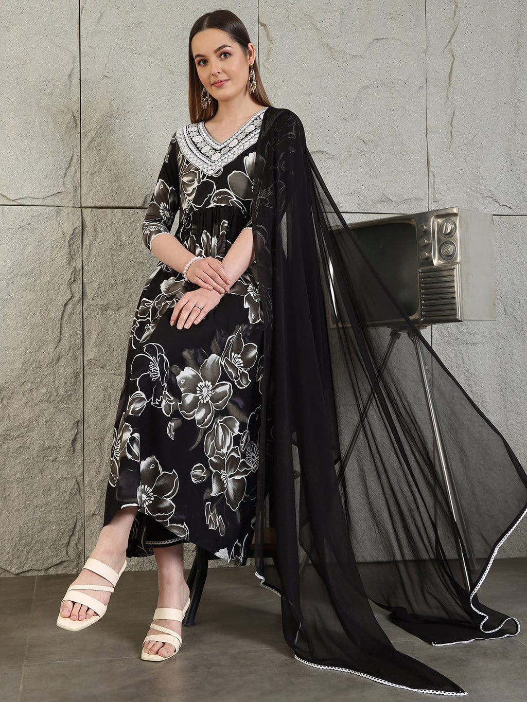 Embroidered & Floral Printed Flared A-Line Kurta With Pant & Dupatta, Black - Hiral Fashion | Grocsy