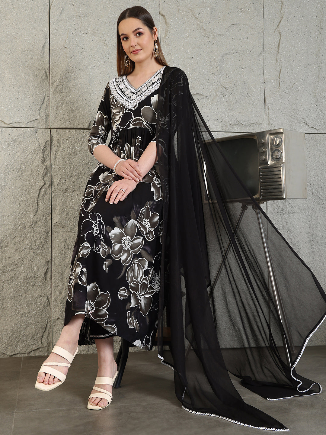 Embroidered & Floral Printed Flared A-Line Kurta With Pant & Dupatta, Black - Hiral Fashion | Grocsy