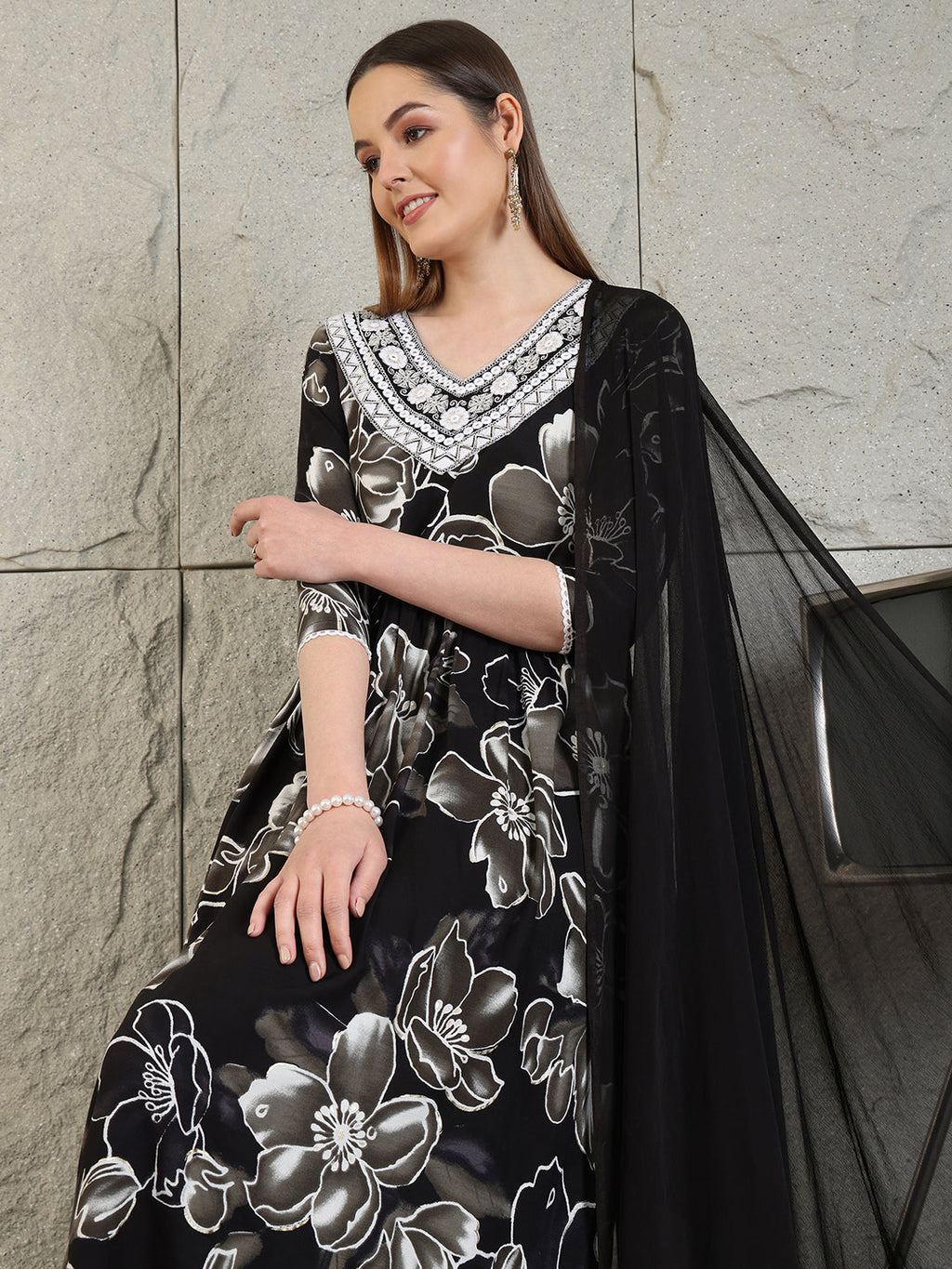 Embroidered & Floral Printed Flared A-Line Kurta With Pant & Dupatta, Black - Hiral Fashion | Grocsy