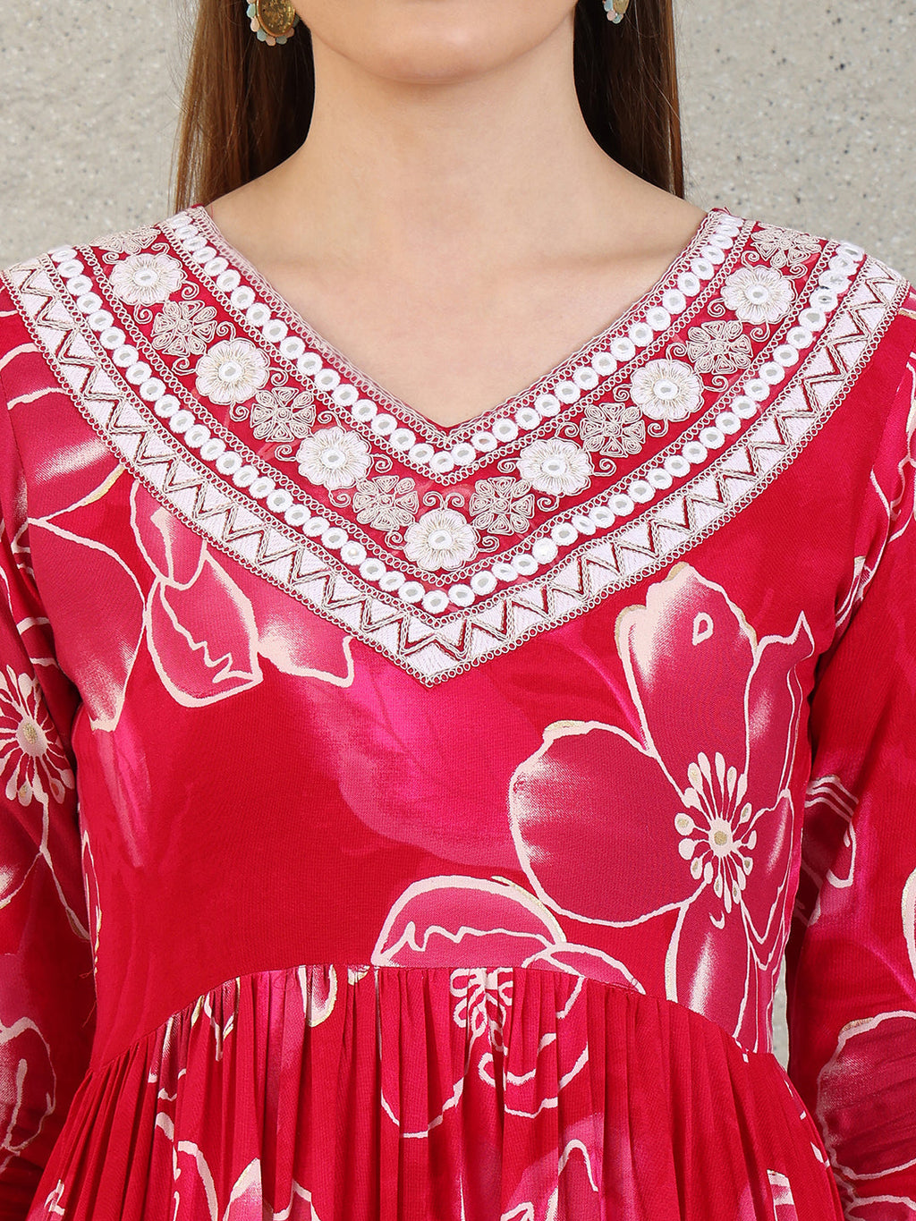 Embroidered & Floral Printed Flared A-Line Kurta With Pant & Dupatta, Pink - Hiral Fashion | Grocsy