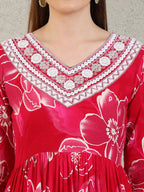 Embroidered & Floral Printed Flared A-Line Kurta With Pant & Dupatta, Pink - Hiral Fashion | Grocsy