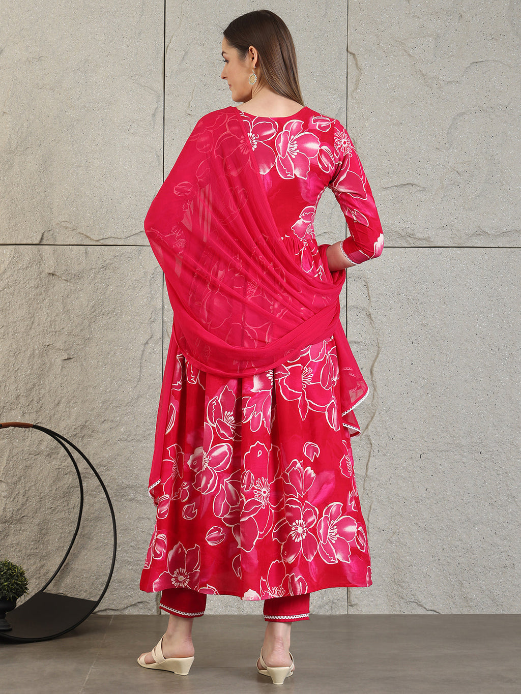 Embroidered & Floral Printed Flared A-Line Kurta With Pant & Dupatta, Pink - Hiral Fashion | Grocsy