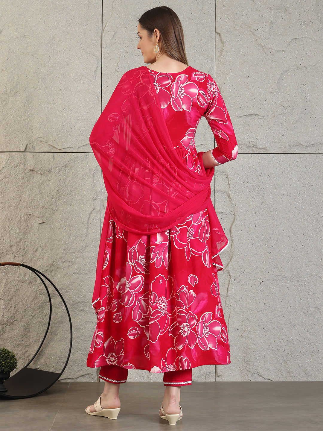 Embroidered & Floral Printed Flared A-Line Kurta With Pant & Dupatta, Pink - Hiral Fashion | Grocsy