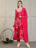 Embroidered & Floral Printed Flared A-Line Kurta With Pant & Dupatta, Pink - Hiral Fashion | Grocsy