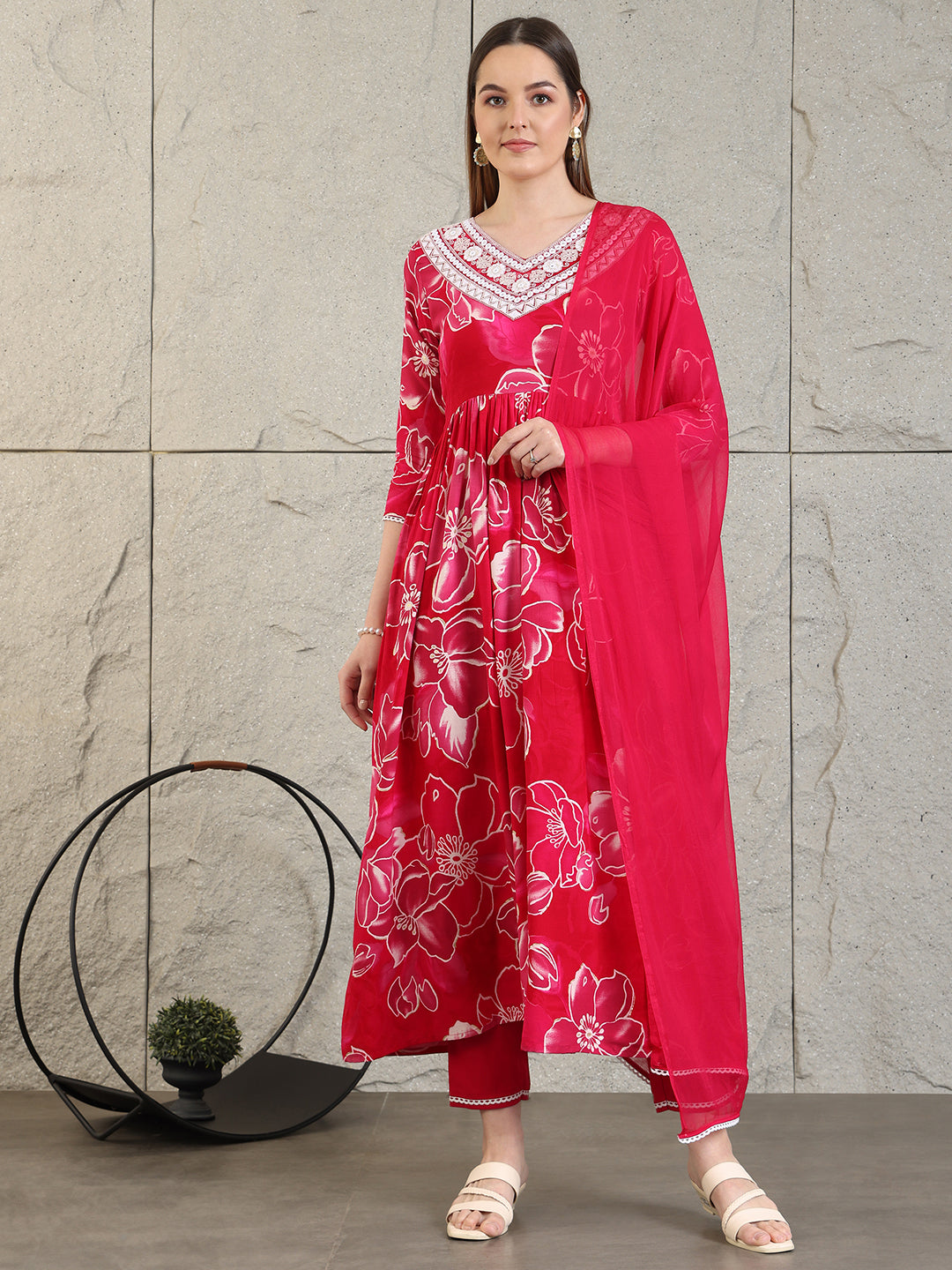 Embroidered & Floral Printed Flared A-Line Kurta With Pant & Dupatta, Pink - Hiral Fashion | Grocsy