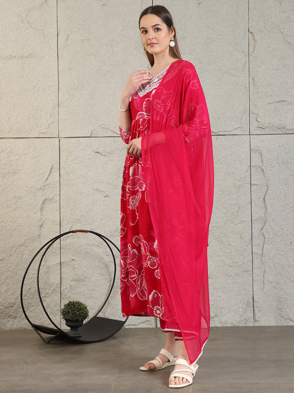 Embroidered & Floral Printed Flared A-Line Kurta With Pant & Dupatta, Pink - Hiral Fashion | Grocsy