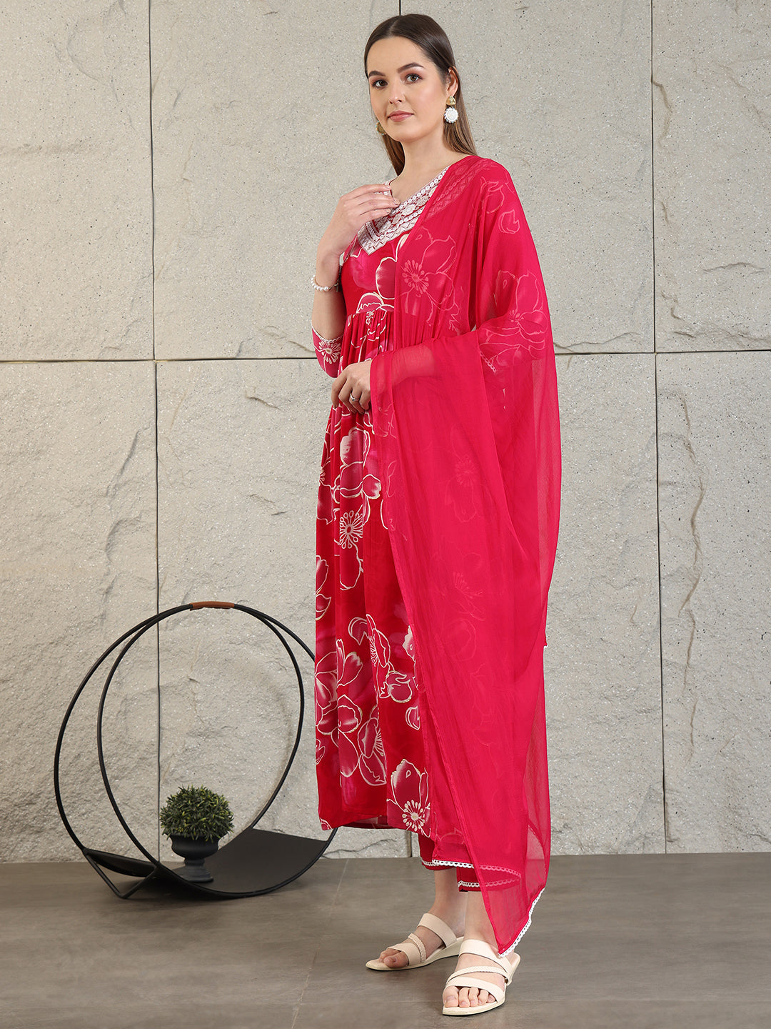 Embroidered & Floral Printed Flared A-Line Kurta With Pant & Dupatta, Pink - Hiral Fashion | Grocsy