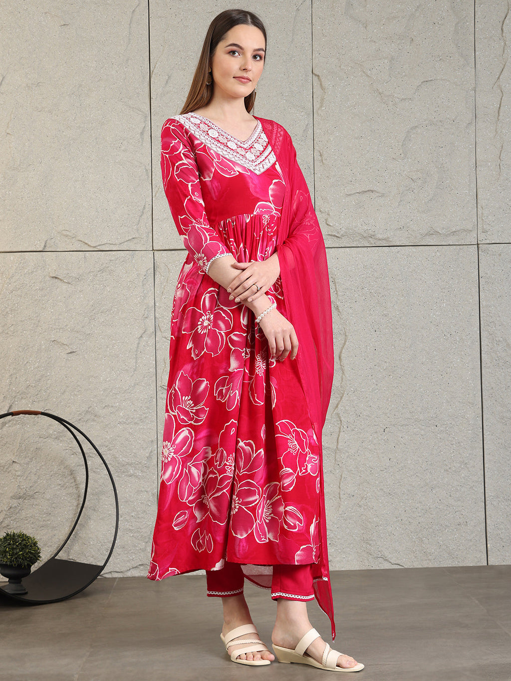 Embroidered & Floral Printed Flared A-Line Kurta With Pant & Dupatta, Pink - Hiral Fashion | Grocsy