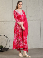 Embroidered & Floral Printed Flared A-Line Kurta With Pant & Dupatta, Pink - Hiral Fashion | Grocsy