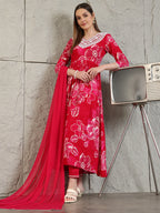 Embroidered & Floral Printed Flared A-Line Kurta With Pant & Dupatta, Pink - Hiral Fashion | Grocsy