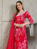 Embroidered & Floral Printed Flared A-Line Kurta With Pant & Dupatta, Pink - Hiral Fashion | Grocsy