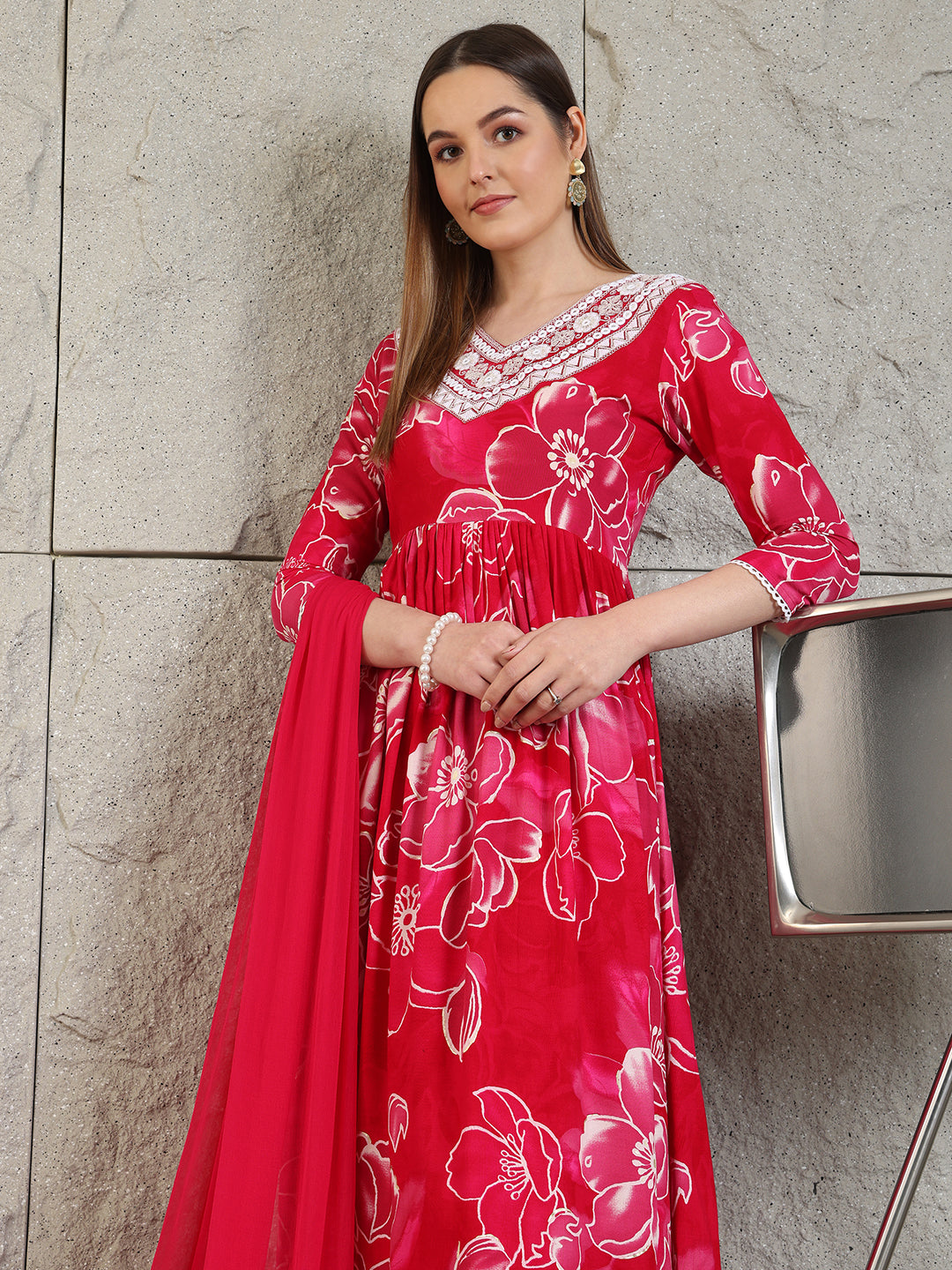 Embroidered & Floral Printed Flared A-Line Kurta With Pant & Dupatta, Pink - Hiral Fashion | Grocsy
