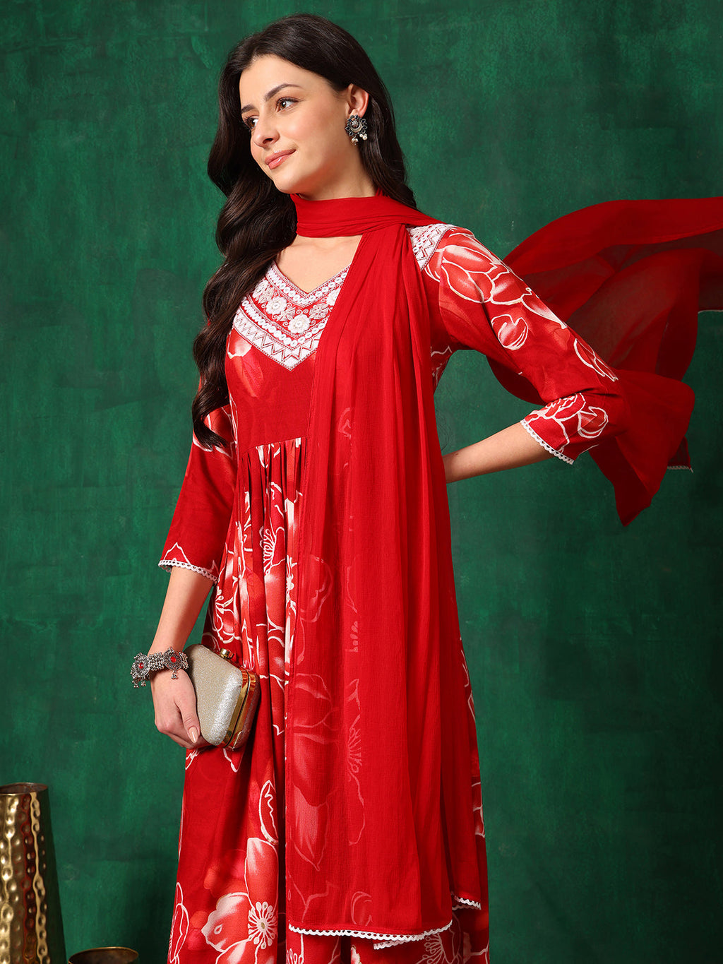 Embroidered & Floral Printed Flared A-Line Kurta With Pant & Dupatta, Red - Hiral Fashion | Grocsy