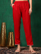 Embroidered & Floral Printed Flared A-Line Kurta With Pant & Dupatta, Red - Hiral Fashion | Grocsy