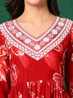 Embroidered & Floral Printed Flared A-Line Kurta With Pant & Dupatta, Red - Hiral Fashion | Grocsy