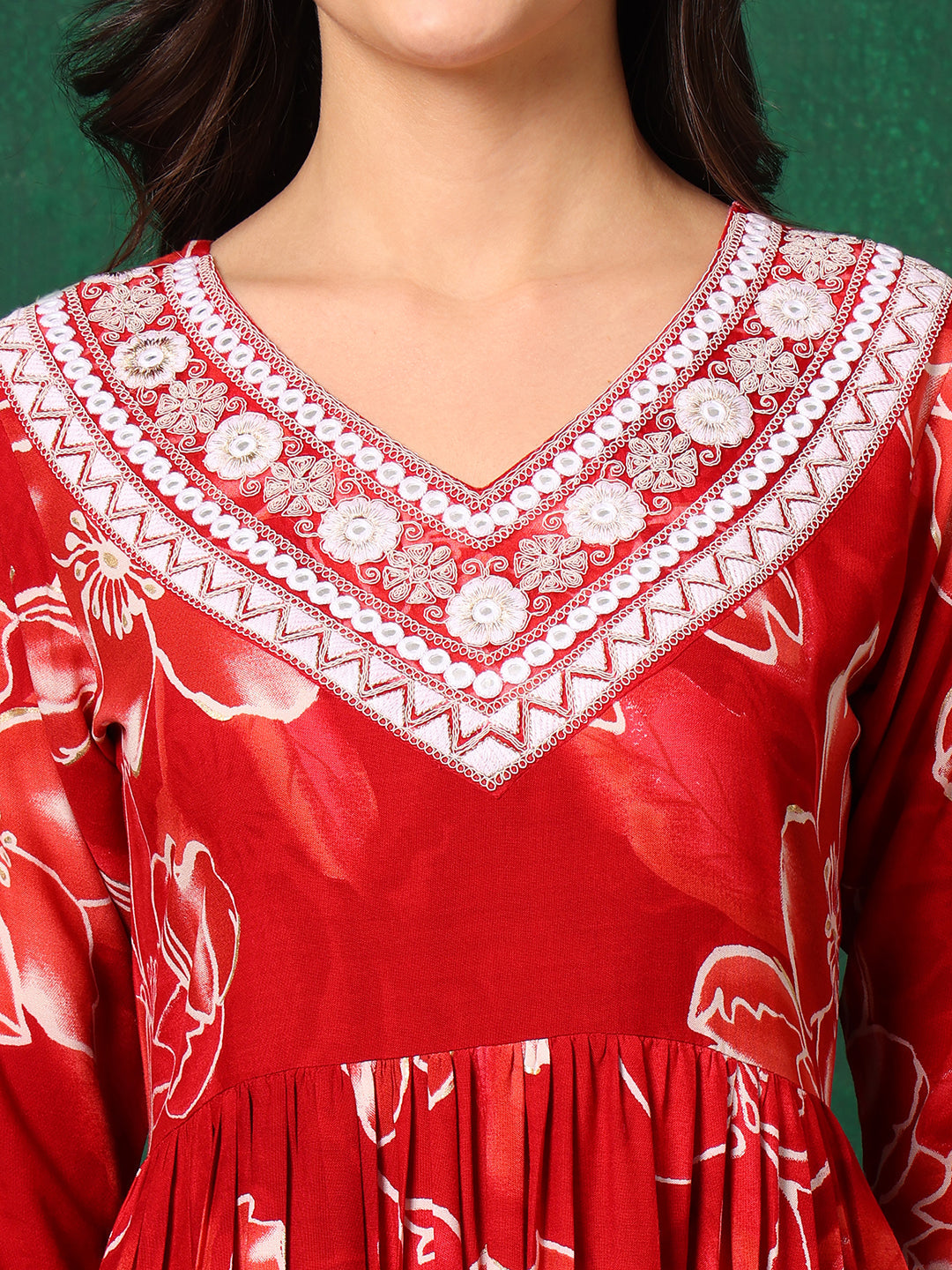 Embroidered & Floral Printed Flared A-Line Kurta With Pant & Dupatta, Red - Hiral Fashion | Grocsy