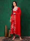 Embroidered & Floral Printed Flared A-Line Kurta With Pant & Dupatta, Red - Hiral Fashion | Grocsy