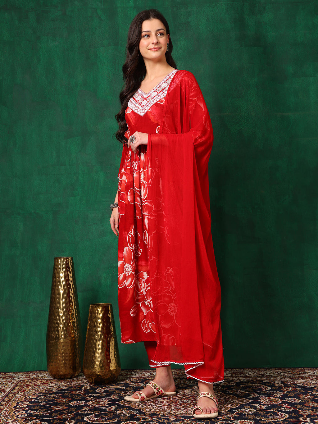 Embroidered & Floral Printed Flared A-Line Kurta With Pant & Dupatta, Red - Hiral Fashion | Grocsy
