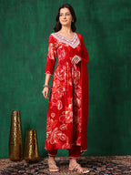 Embroidered & Floral Printed Flared A-Line Kurta With Pant & Dupatta, Red - Hiral Fashion | Grocsy