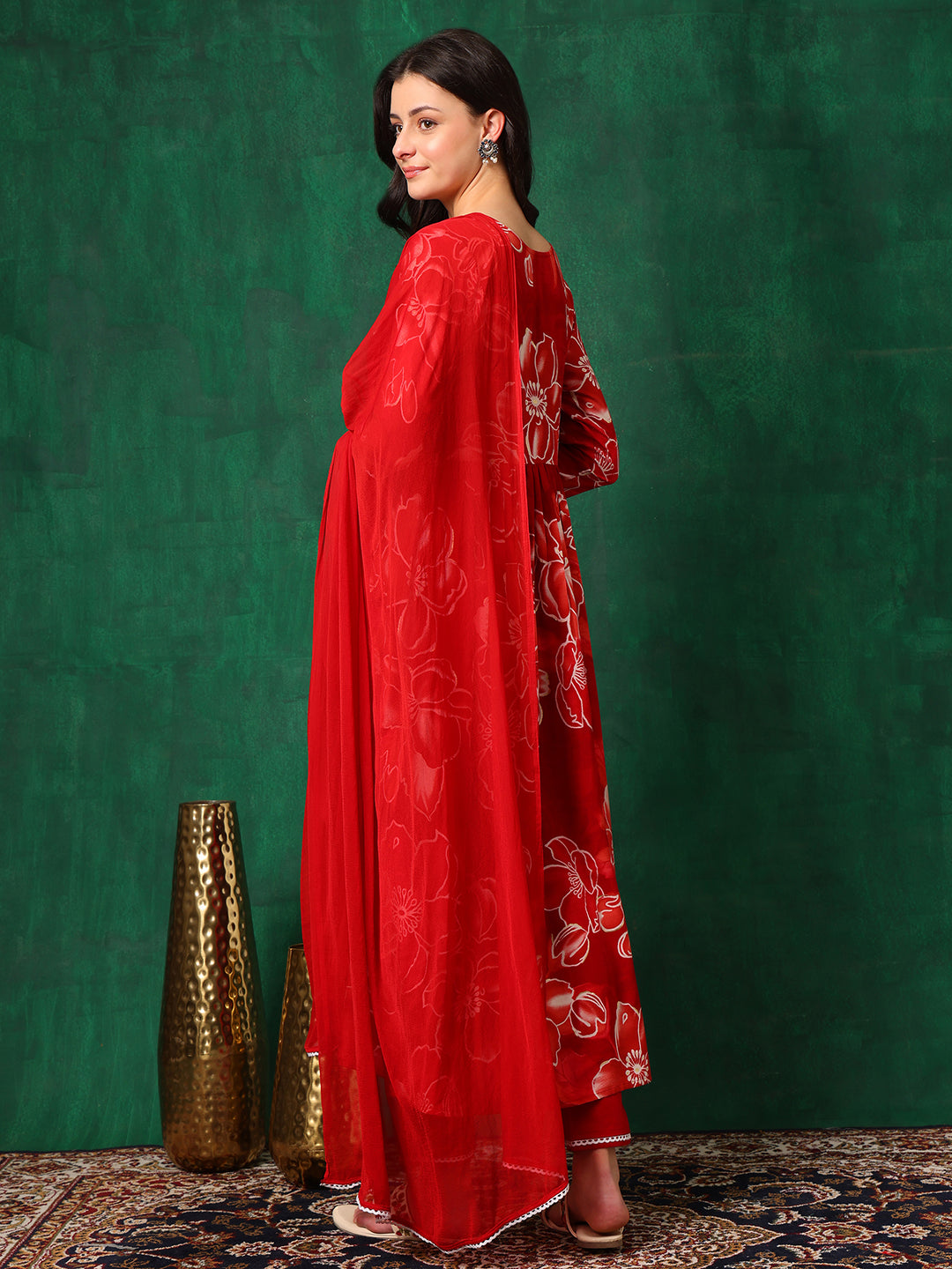 Embroidered & Floral Printed Flared A-Line Kurta With Pant & Dupatta, Red - Hiral Fashion | Grocsy