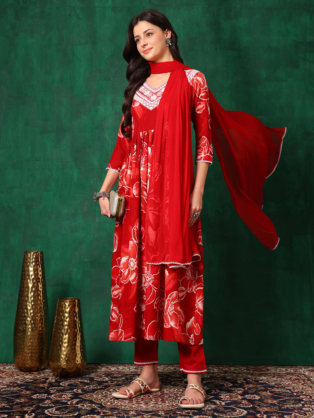 Embroidered & Floral Printed Flared A-Line Kurta With Pant & Dupatta, Red - Hiral Fashion | Grocsy