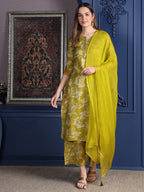 Embroidered & Printed Kurta With Palazzo & Dupatta, Green - Hiral Fashion | Grocsy