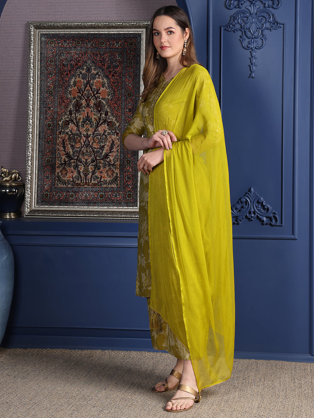 Embroidered & Printed Kurta With Palazzo & Dupatta, Green - Hiral Fashion | Grocsy