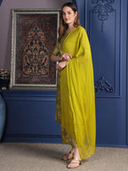 Embroidered & Printed Kurta With Palazzo & Dupatta, Green - Hiral Fashion | Grocsy