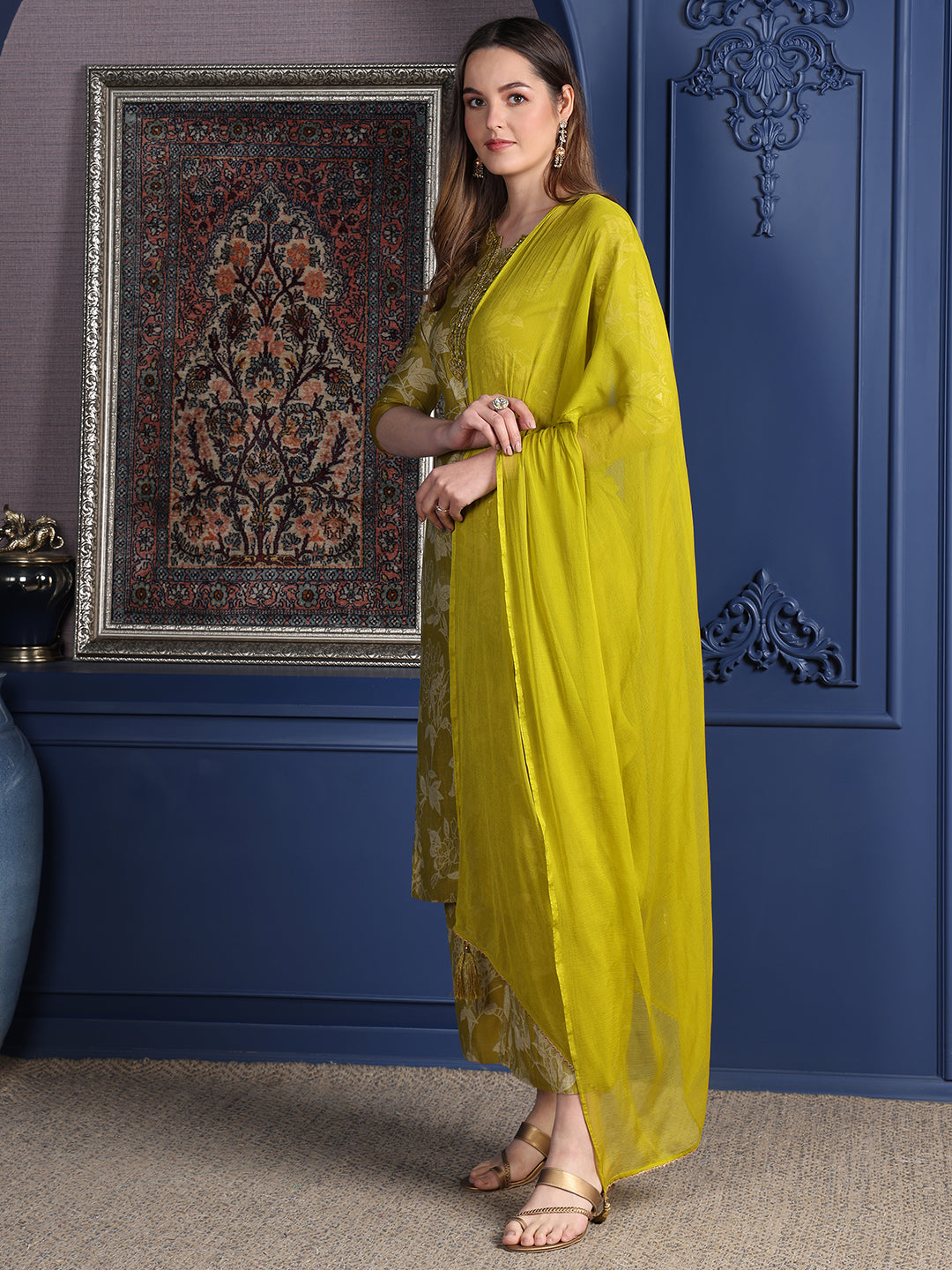 Embroidered & Printed Kurta With Palazzo & Dupatta, Green - Hiral Fashion | Grocsy