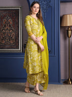Embroidered & Printed Kurta With Palazzo & Dupatta, Green - Hiral Fashion | Grocsy