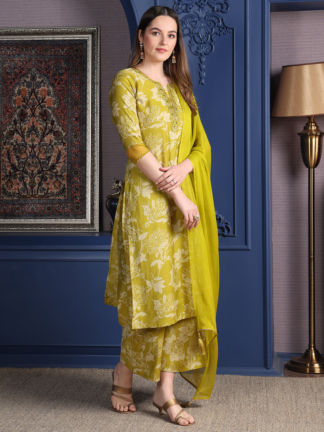 Embroidered & Printed Kurta With Palazzo & Dupatta, Green - Hiral Fashion | Grocsy
