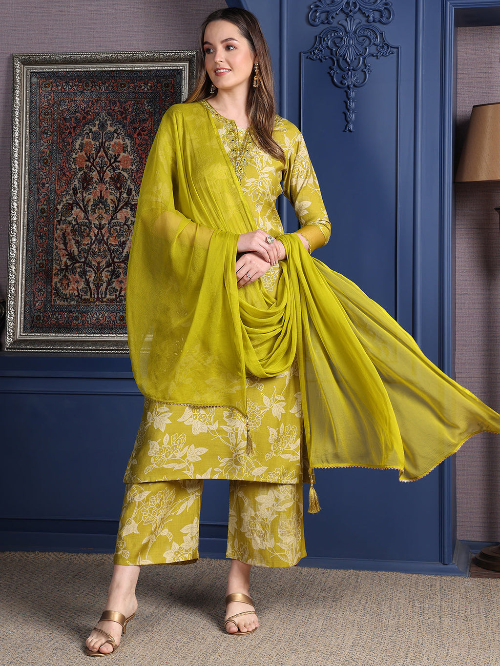Embroidered & Printed Kurta With Palazzo & Dupatta, Green - Hiral Fashion | Grocsy