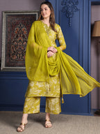 Embroidered & Printed Kurta With Palazzo & Dupatta, Green - Hiral Fashion | Grocsy