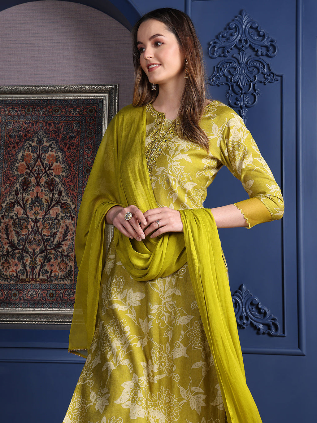 Embroidered & Printed Kurta With Palazzo & Dupatta, Green - Hiral Fashion | Grocsy