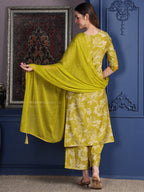Embroidered & Printed Kurta With Palazzo & Dupatta, Green - Hiral Fashion | Grocsy
