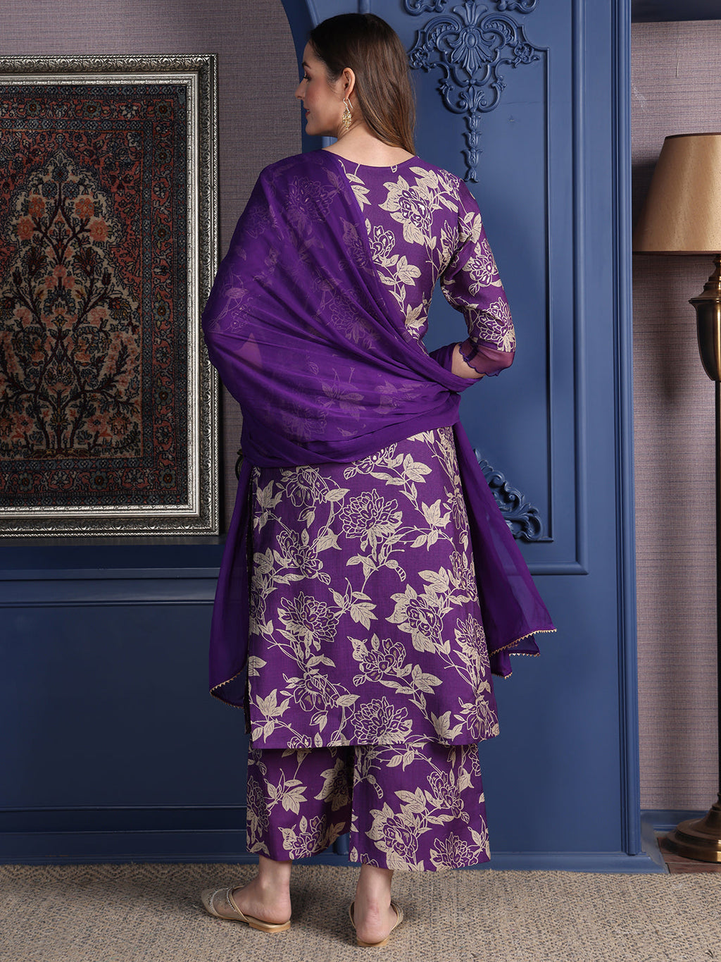 Embroidered & Printed Kurta With Palazzo & Dupatta, Purple - Hiral Fashion | Grocsy